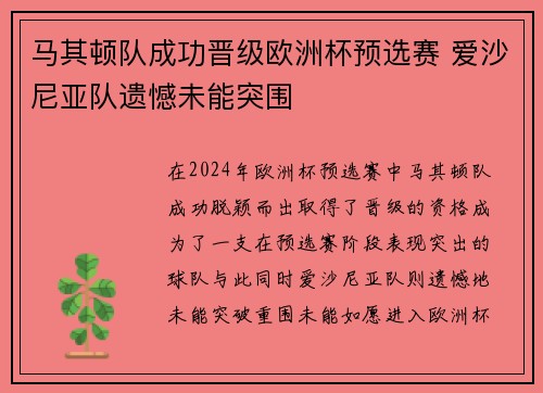 马其顿队成功晋级欧洲杯预选赛 爱沙尼亚队遗憾未能突围