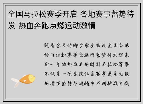 全国马拉松赛季开启 各地赛事蓄势待发 热血奔跑点燃运动激情